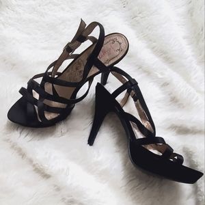 Jellypop black satin strappy heels women's size 9.5m, excellent condition